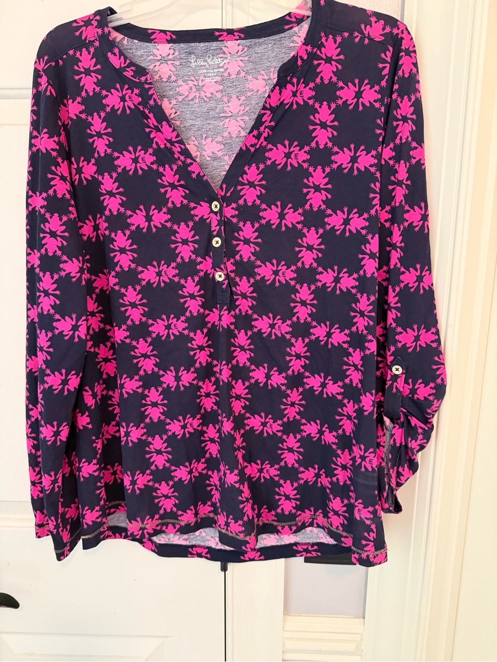 Lilly Pulitzer Navy and Hot Pink Floral Henley Blouse